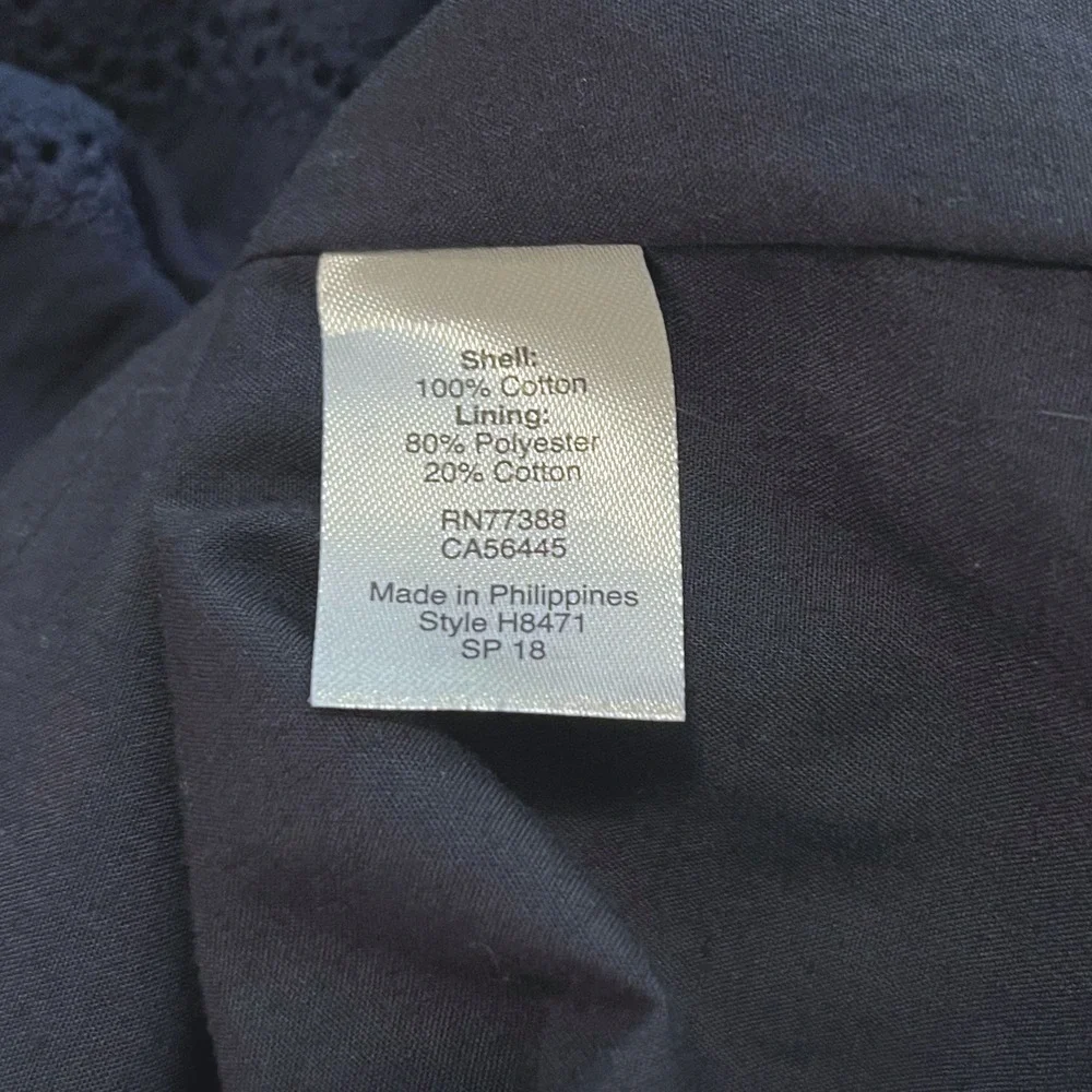 J Crew Navy Blue‎ Cotton Eyelet Dress V Neck 3/4 Sleeve Scalloped Hem Women's 14